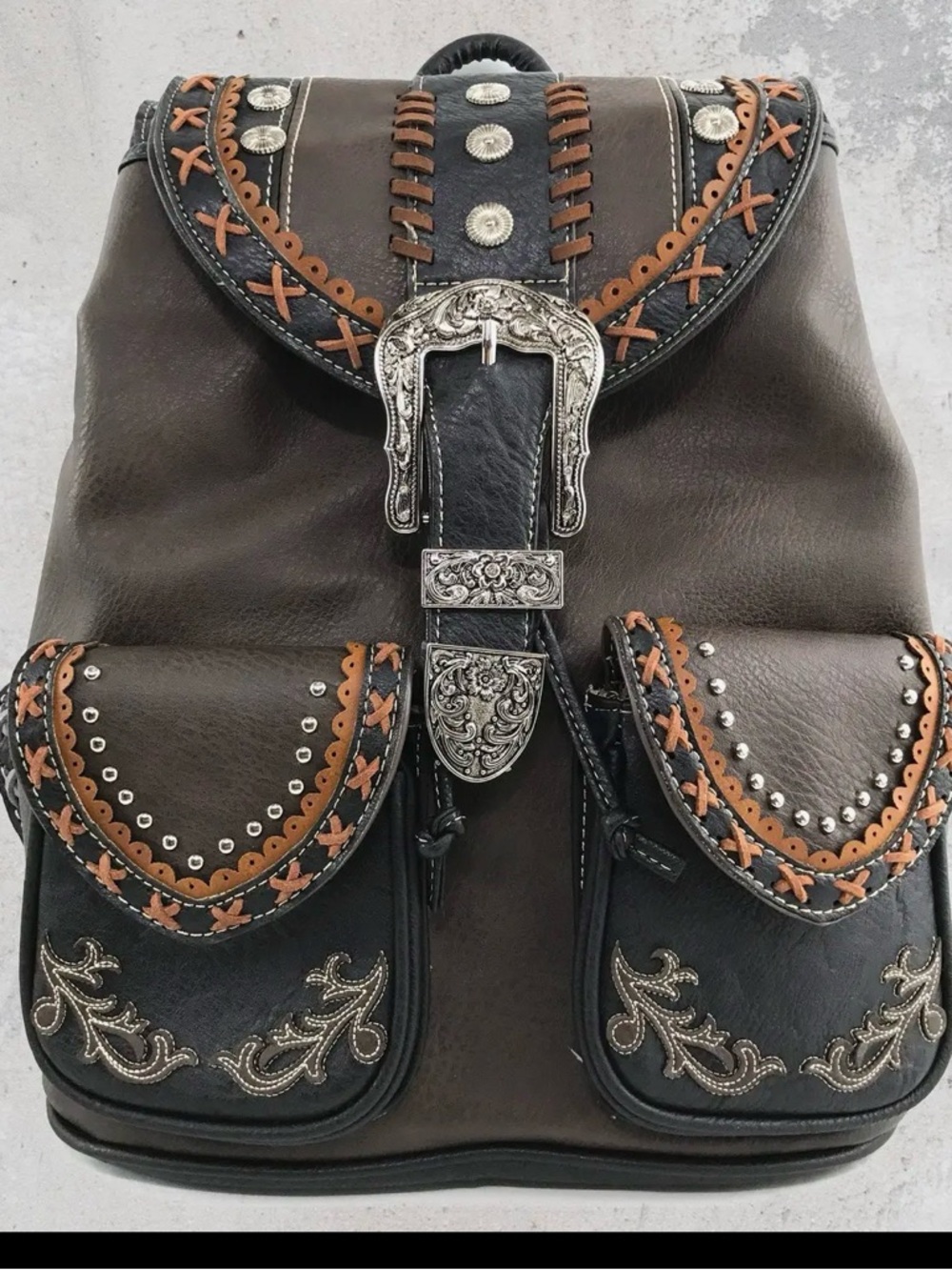 Handcrafted Brown & Black Western-Style Women's Leather Backpack